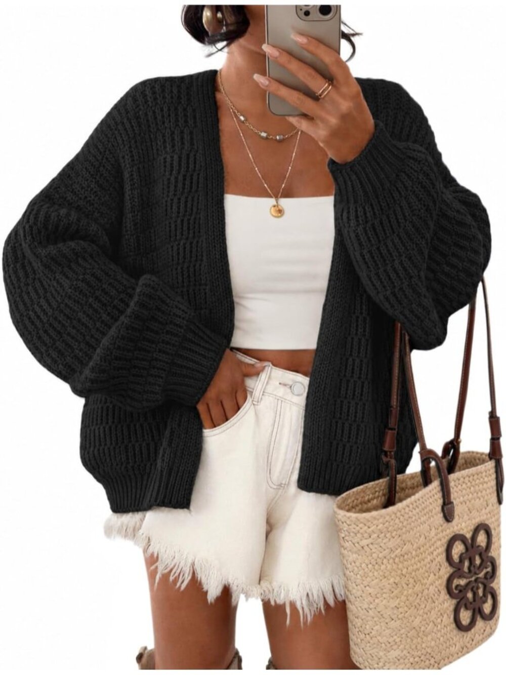 Women's Black Long Sleeve Chunky Knit Oversized Open Front Cardigan Sweaters